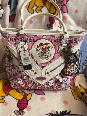 Ed Hardy Pink & White Graphic Skull Tote Bag